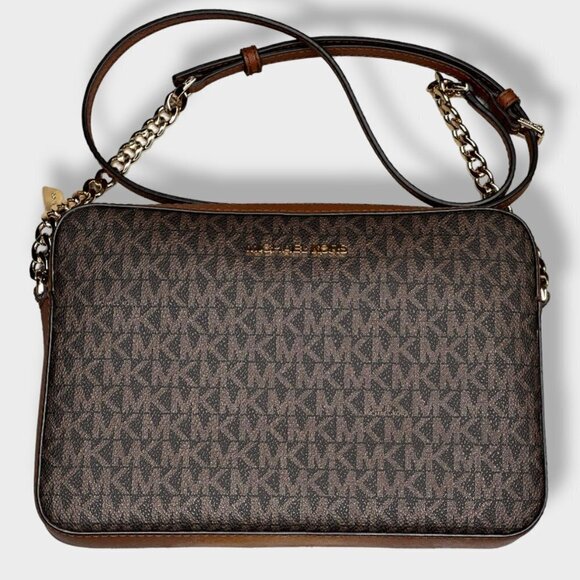 Michael Kors Jet Set Saffiano Leather Crossbody Bag Brown and Tan - Picture 1 of 4